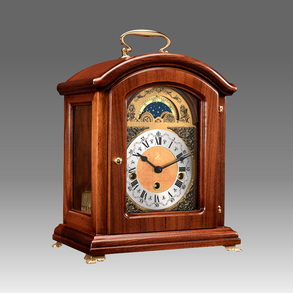 Mante Clock, Table Clock, Cimn Clock, Art.339/1 walnut - 3 melody on rod gong, moon fase dial>